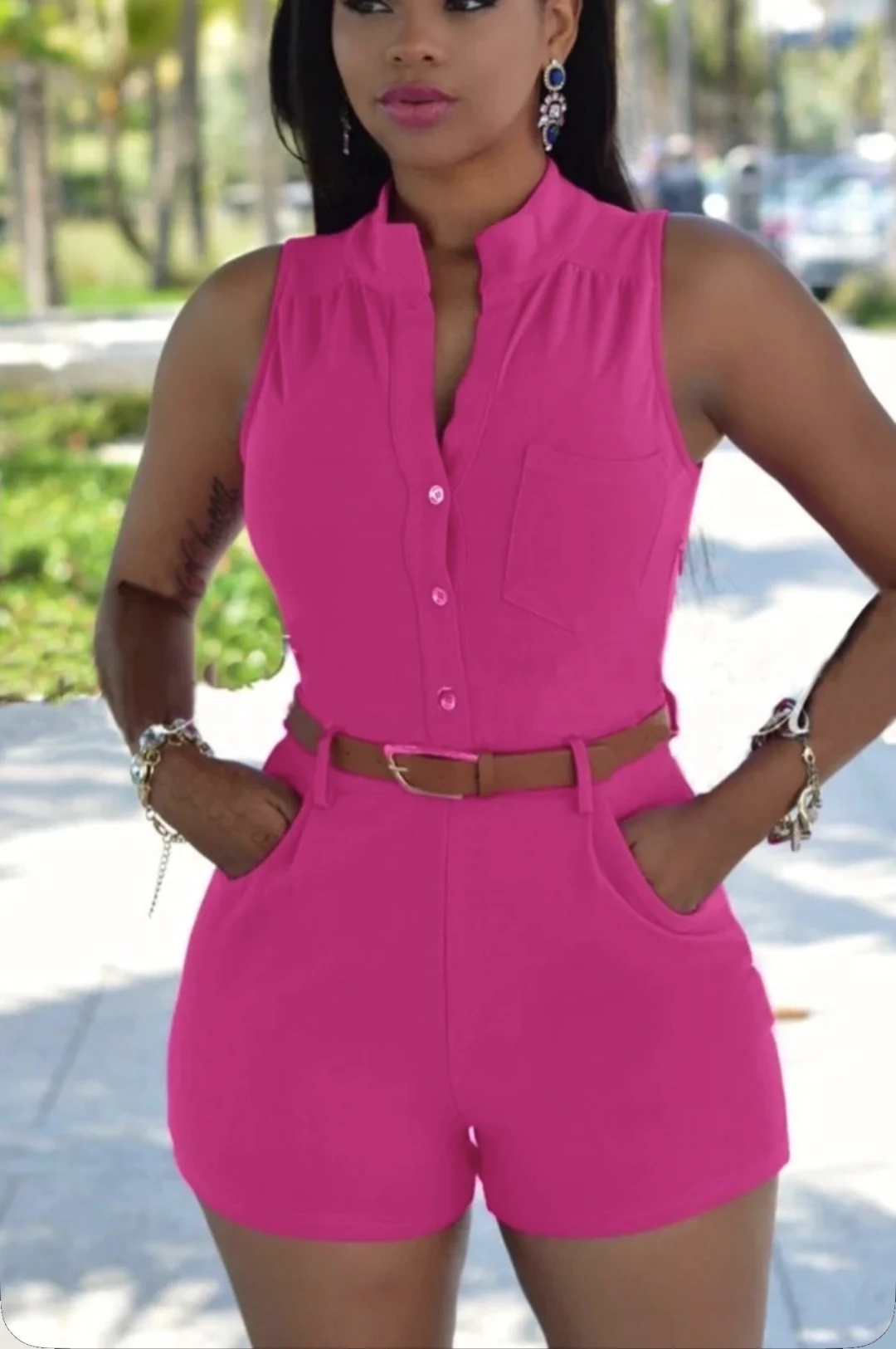 Hot Pink Belted Romper