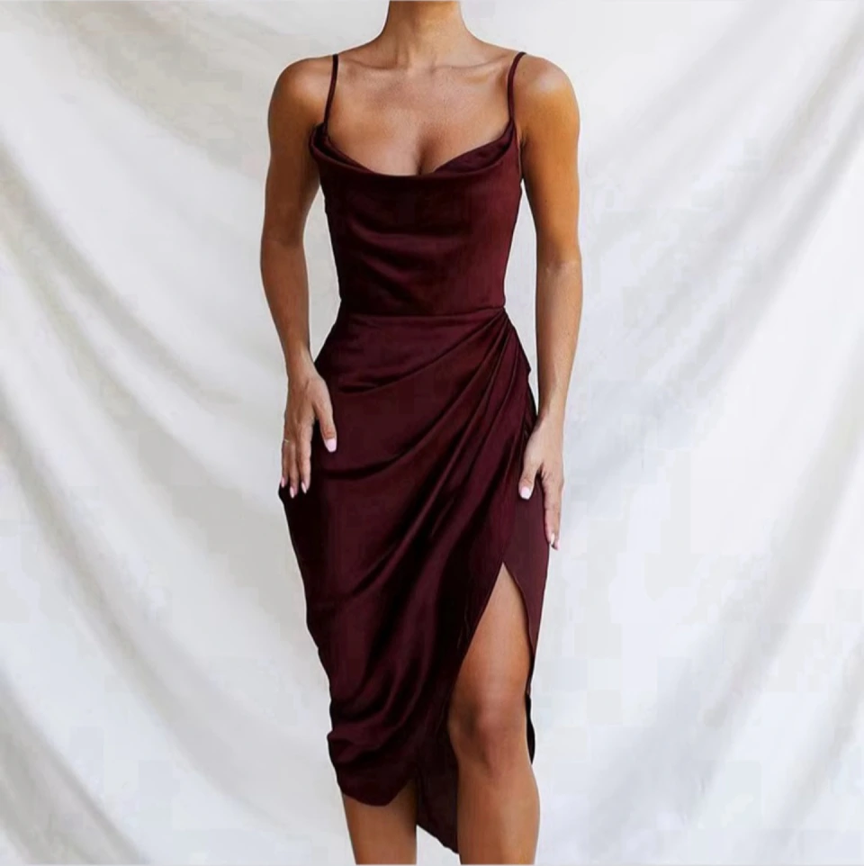Wine Satin Cowl Dress